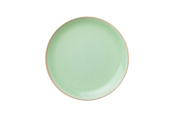Green ceramic round plate isolated over white background. Top view