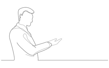 Man presenter with hand isolated on white background. Man presenter for product, ad, marketing, presentation materials and advertising. Creative modern concept, vector illustration