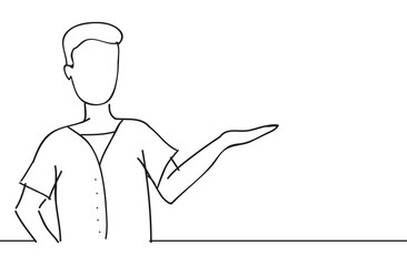 Man presenter with hand isolated on white background. Man presenter for product, ad, marketing, presentation materials and advertising. Creative modern concept, vector illustration