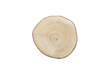 Brown color wooden round plate or stump isolated over white background. Top view
