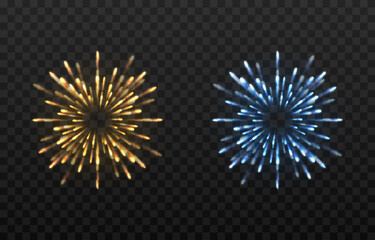 Set of vector holiday fireworks on isolated transparent background. Fireworks png, fireworks of different colors, salute, explosion png, holiday.