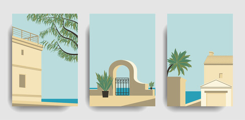 Set of aesthetic  contemporary posters with geometry architecture. Architecture near sea. Vector posters for wall decor in boho style.