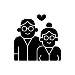 Elderly couple in love black glyph icon. Long term romantic relations. Everlasting love. Married for long time. Grow old with together. Silhouette symbol on white space. Vector isolated illustration