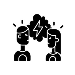 Quarreling couple black glyph icon. Angry girlfriend and boyfriend. Partners during conflict, shouting at each other. Silhouette symbol on white space. Vector isolated illustration