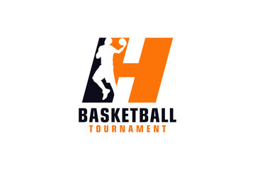 Letter H with Basketball Logo Design. Vector Design Template Elements for Sport Team or Corporate Identity.