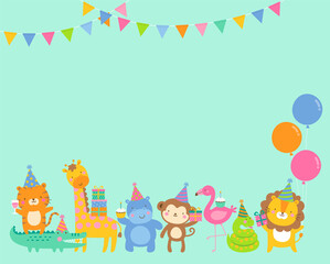 Cute safari cartoon animals border design for kids party invitation card template.