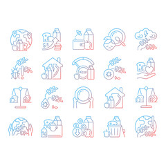 Hunger and food security gradient linear vector icons set. Poverty and starvation. Food justice volunteer organizations. Thin line contour symbols bundle. Isolated outline illustrations collection
