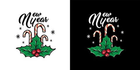 Christmas holly and candy cane for the new year. Winter design berry and lollipop for merry christmas holiday