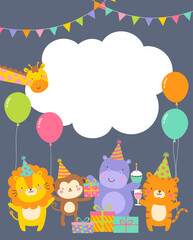 Fototapeta na wymiar Cute safari cartoon animals with copy space for kids party invitation card template.
