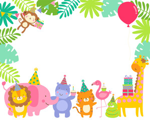 Obraz na płótnie Canvas Cute safari animals cartoon border illustration for kids party invitation card template.