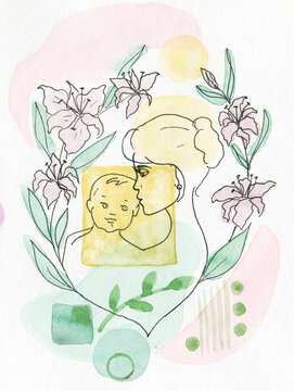 Watercolor poster with people on the background of colored spots with plants.Perfect for a greeting card, for a baby shower, for needlework and hobbies.