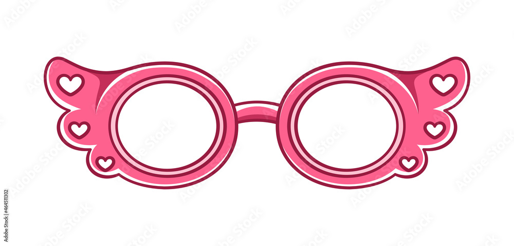 Sticker Hot pink glasses frame with heart pattern clipart. Funky party glasses eyewear cartoon vector illustration.