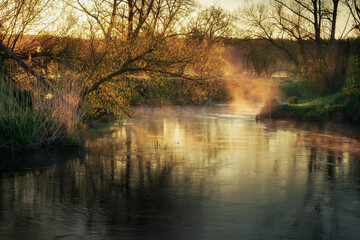 Fototapeta premium a springtime sunrise in a meadow full of grass and mists