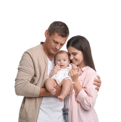 Portrait of happy family with their cute baby on white background