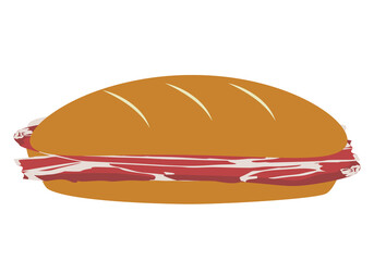 Bocata de jamón serrano o curado sobre fondo blanco. Día del bocadillo
