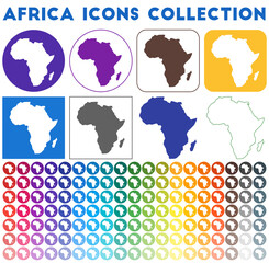 Africa icons collection. Bright colourful trendy map icons. Modern Africa badge with continent map. Vector illustration.