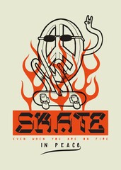 Peace sign character skater riding skateboard on fire. Modern street style street sports typography t-shirt print vector illustration.