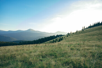 Fototapeta na wymiar evening mountain peaks. walk in the mountains. outdoor recreation. panorama