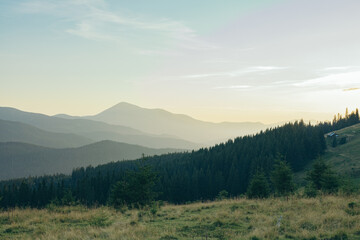 Plakat evening mountain peaks. walk in the mountains. outdoor recreation. panorama