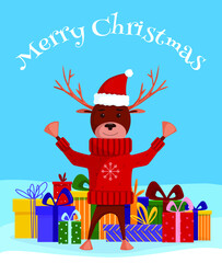 Christmas deer in a sweater and cap stands on the street in winter with gifts. Merry Christmas greeting card