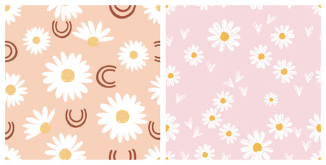 Seamless patterns with cute hand drawn daisy flower on  pastel pink and orange backgrounds vector illustration. 