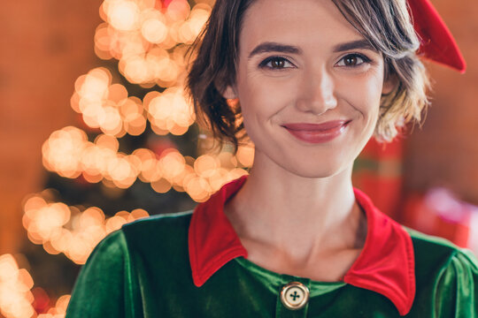 Photo of sweet shiny young woman dressed green costume smiling celebrating new year indoors room home house
