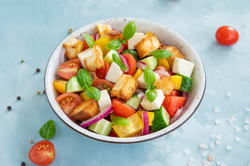 Panzanella salad, Italian bread and fresh vegetable salad. Copy space.