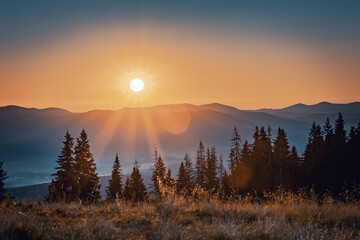 sunbeams. sunrise in the mountains. incredible mountain landscape