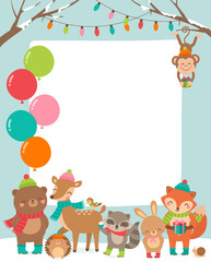 Cute wildlife cartoon animals border design for party invitation card template. Winter season party illustration.