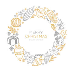 Hand drawn Christmas wreath fur tree with balls, toys and fir-cone, for xmas design in gold and silver. Vector illustration on white background.