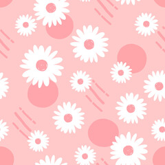 Seamless pattern with hand drawn daisy flower on pink background vector illustration.