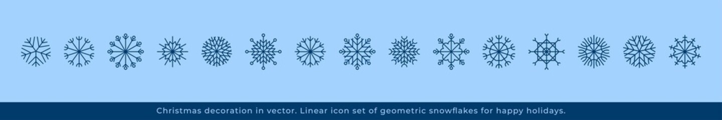 Set of snowflake line icons in vector. Blue snowflakes in trendy minimalist style. Xmas symbols, new year decorations, Christmas Illustrations. Sign ice, snow insignia. Festive winter season logotype.