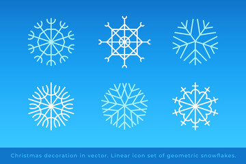 Set of snowflake line icons in vector. Blue snowflakes in trendy minimalist style. Xmas symbols, new year decorations, Christmas Illustrations. Sign ice, snow insignia. Festive winter season logotype.