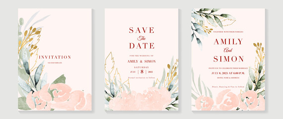 Wedding invitation card template with flower watercolor texture vector. Save the date invite cards. Vector illustration.