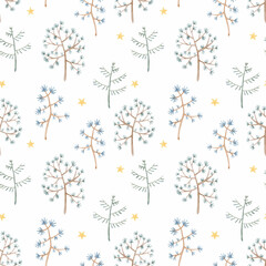 Beautiful vector winter seamless pattern with hand drawn watercolor cute trees. Stock illustration.