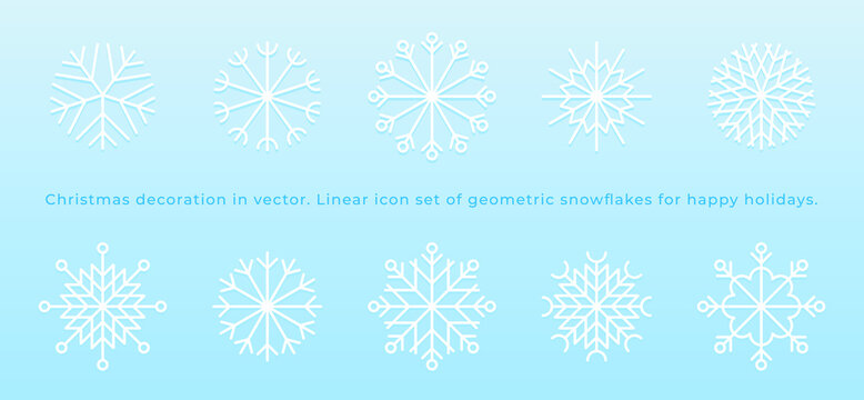 Set of snowflake line icons in vector. Blue snowflakes in trendy minimalist style. Xmas symbols, new year decorations, Christmas Illustrations. Sign ice, snow insignia. Festive winter season logotype.