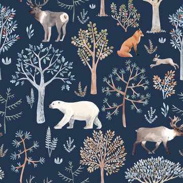 Beautiful vector winter seamless pattern with hand drawn watercolor cute trees and forest bear fox deer animals. Stock illustration. © zenina