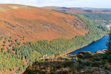 Mountain lake landscape, view from the popular Spinc trail over the Glendalough Upper Lake in...