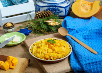 pumpkin rice porridge with christmas decoration
