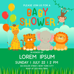 Cute jungle animals cartoon illustration for baby shower invitation card template
