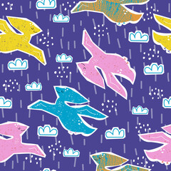 Seamless pattern with colorful pterodactyls and clouds. Kids cute print. Vector hand drawn illustration.