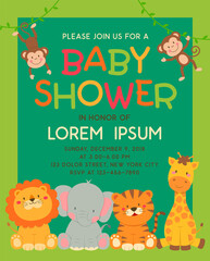 Cute jungle animals cartoon illustration for baby shower invitation card template