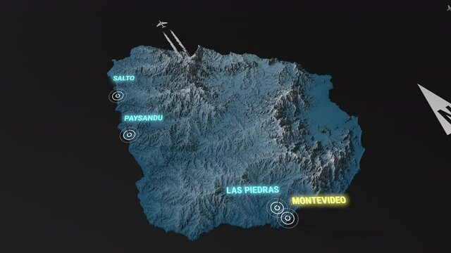 Seamless looping animation of the 3d terrain map at nighttime of Uruguay with the capital and the biggest cites in 4K resolution