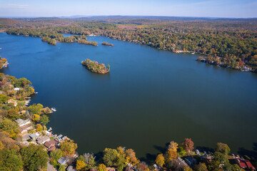 Aerial Drone of Highland Lake New Jersey Foliage 