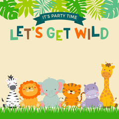 Cute jungle animals cartoon with leaf border for party invitation card template