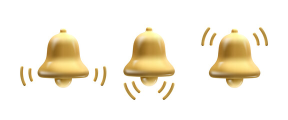 Set of golden 3d realistic bell isolated on white background. Vector illustration