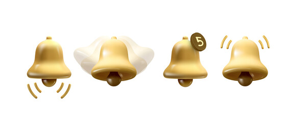 Collection of 3d render notification bell icons isolated on white background. Vector illustration