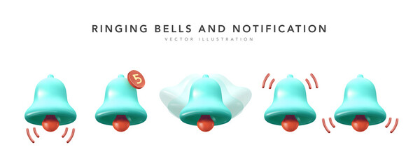 3d notification bell icon set isolated on white background. 3d render ringing bell with new notification for social media reminder. Vector illustration