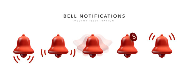 Set of red realistic 3d bell notification icons for new year. Bells icon with new message web chat isolated on white background. Vector illustration