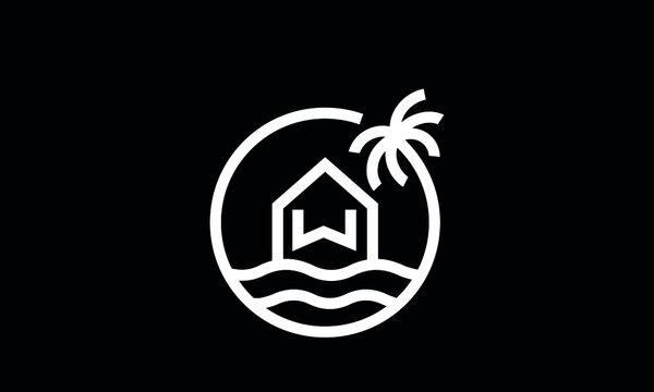 Minimalist Icon Logo Of A House With Water Waves And Palm Tree